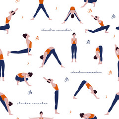 Yoga complex Salutation to the Moon seamless pattern. A woman practicing Chandra Namaskar moon