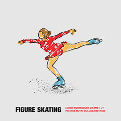Figure skating neon illustration. Vector outline girl dances on ice with scribble doodles style drawing.