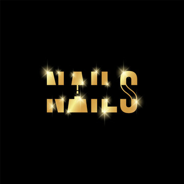 Typography and minimalistic golden nails text logo with nail polish bottle in A letter symbol.