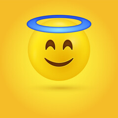 3d Angel emoji face with Halo - Smiling Face with smiling eyes with blue halo overhead - good kind emoticon