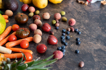fresh fruits and vegetables on the stone table. zero waste concept