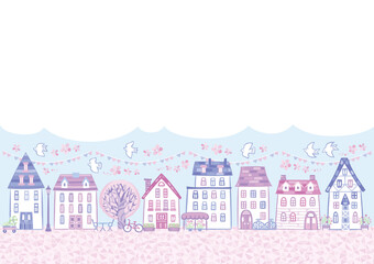 春の桜の家の街並み