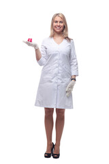 smiling medical woman with a laboratory flask .