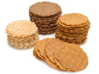 Stack of not sweet crispy wafers with different flavors isolated on white background