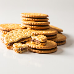 Close up of Sandwich biscuits cookies with chocolate filling on white background