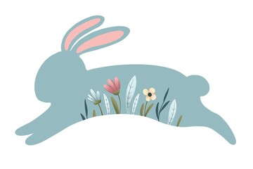 easter bunny. blue silhouette of a rabbit with spring flowers. festive color illustration. 