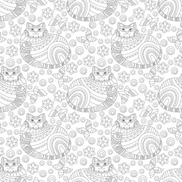 Seamless pattern with contour cats and flowers in stained glass style, outline cats on a white background © Zagory
