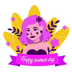 March 8, International Women's Day. Pin-up happy pink hair girl with sample text and flowers. Vector illustration