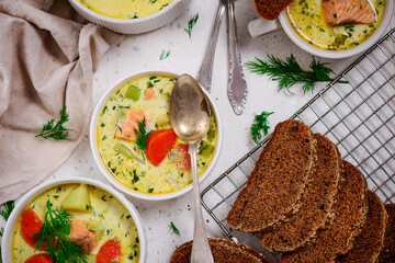 Finnish salmon soup lohinkeitto.top view.
