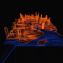 Conceptual 3d illustration of a night city with lighting from glowing water. 3d rendering.