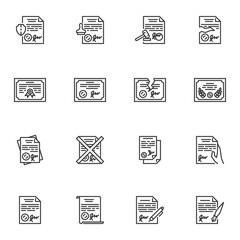 Legal documents line icons set, outline vector symbol collection, linear style pictogram pack. Signs, logo illustration. Set includes icons as quality certificate, contract document, license stamp