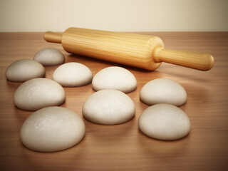Rolling pin and fresh raw doughs standing on the kitchen counter. 3D illustration