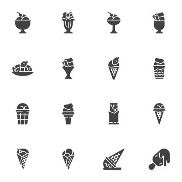 Ice cream menu vector icons set, modern solid symbol collection, filled style pictogram pack. Signs, logo illustration. Set includes icons as sundae, parfait sorbet, waffle ice cream cone