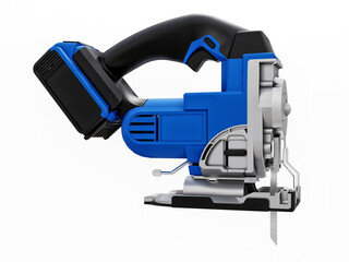 The tool is a blue electric jigsaw on a white isolated background. 3d rendering.