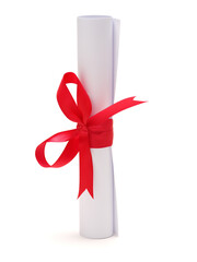 Diploma, close up of paper scroll with red ribbon isolated on white background