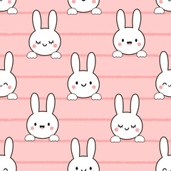 Seamless pattern with cute rabbits on stripe pink background vector illustration.