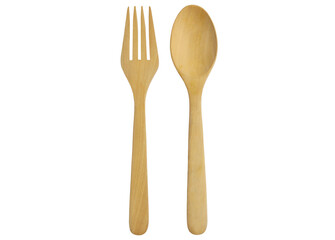 Wooden spoon and fork on white background with clipping path.