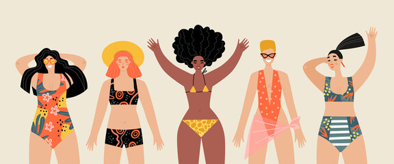 Set of vector images of cute girls in swimsuits. Enjoy your summer concept