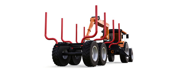 Orange tractor with a trailer for logging on a white background. 3d rendering.