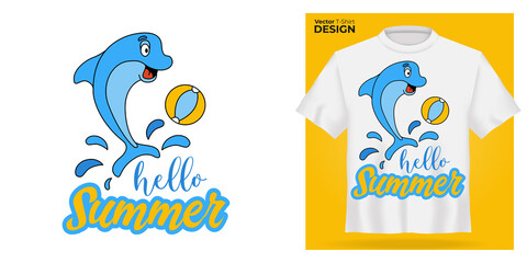 T-shirt mock up with funny cartoon dolphin play with ball print. 3d realistic shirt template. White tee mockup, front view design, Hello summer slogan. Vector illustration