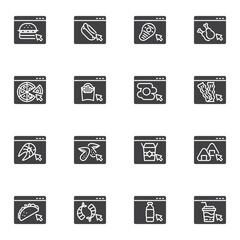 Online food ordering vector icons set, modern solid symbol collection, filled style pictogram pack. Signs, logo illustration. Set includes icons as fast food website, take away restaurant menu