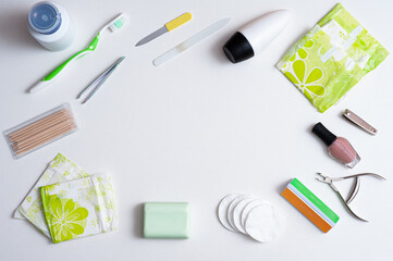 Women's hygiene items on a white background. Women's day.