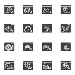 Online restaurant menu vector icons set, modern solid symbol collection, filled style pictogram pack. Signs, logo illustration. Set includes icons as online food ordering, fresh fruit and vegetable