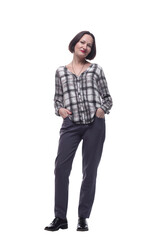 attractive mature woman in trousers and plaid shirt .