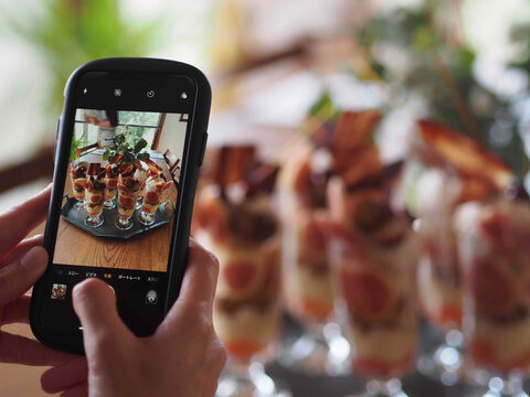 Taking Photo of Common Fig, Apple and Chestnut Parfait