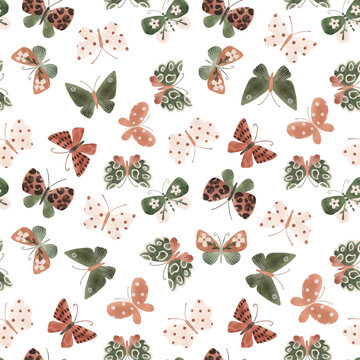 Beautiful seamless pattern with cute watercolor butterflies. Stock illustration.