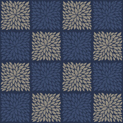 Vector abstract seamless checkerboard structure motif leaves. Blue background.