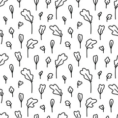 Vector seamless pattern with leaves of spinach or salad. Doodle herbal pattern.