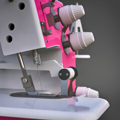 Pink overlock on a grey background. Equipment for sewing production. Sewing clothes and textiles. 3d illustration.