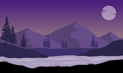 Natural scenery and a beautiful full moon at night on the riverbank. Vector illustration