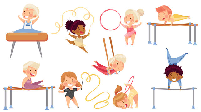 Little Boy and Girl Doing Gymnastics with Pommel Horse and Parallel Bars Vector Set