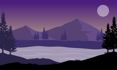 Beautiful evening mountain landscape on the riverbank. Vector illustration