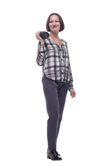 happy mature woman with smart wireless column.