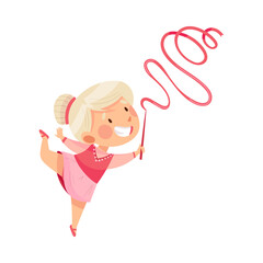 Cute Girl Doing Artistic Gymnastics with Ribbon Vector Illustration