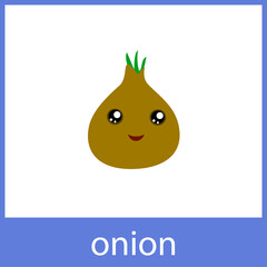 Onion cute vegetable. English vocabulary word card.