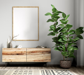 Poster over wooden dresser in modern living room, home interior design 3d rendering