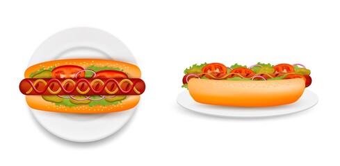 Delicious hot dog on plate, side and top view vector isolated illustration. Realistic hot dog bun with sausage, lettuce salad, tomato, cucumber, onion, ketchup mustard. Fast food restaurant menu.