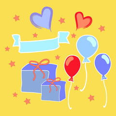 Set of decorative festive elements for childrens party. Modern vector illustration isolated on yellow. For Baby Shower, Newborn Gift Card, postcard, stickers, fabric, t-shirt, posters, gifts, textiles