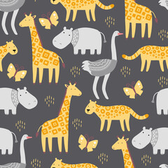 Seamless pattern with cute african zoo animals. Flat and simple design style for baby, children wallpaper, background, fabric illustration.