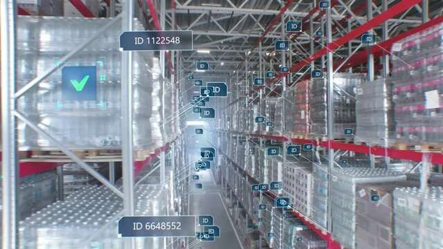 Concept of automation and digitalization of warehouse. Panorama parallel shot of product rows with infographics and digital product identification. Logistics of goods and digital warehouse shop model.