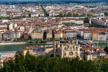 Fototapeta na wymiar Lyon cityscape from Saone river with colorful houses and river, France, Europe