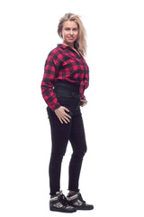 attractive young woman in a red checked shirt .