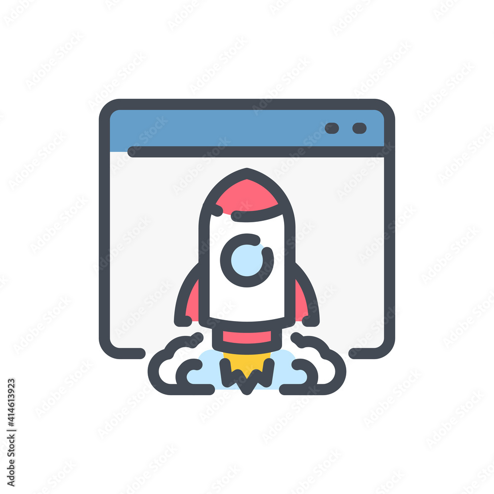 Poster startup and website launch color line icon. web page with rocket vector outline colorful sign.