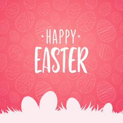 Vector Greeting card with hand drawn lettering of Happy Easter with silhouette of eggs on grass on pink background.