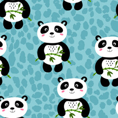 Seamless pattern with cute panda baby on color background. Funny asian animals. Card, postcards for kids. Flat vector illustration for fabric, textile, wallpaper, poster, gift wrapping paper.