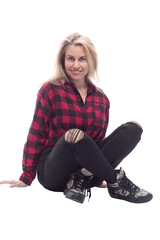 Fototapeta premium attractive young woman sitting on the floor and looking at you .